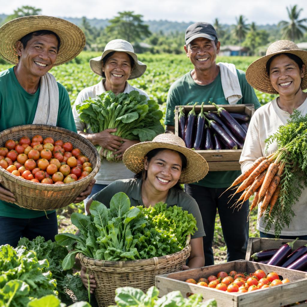 Farmers holding baskets of freshly harvested vegetables: tomatoes, eggplants, carrots, and leafy greens