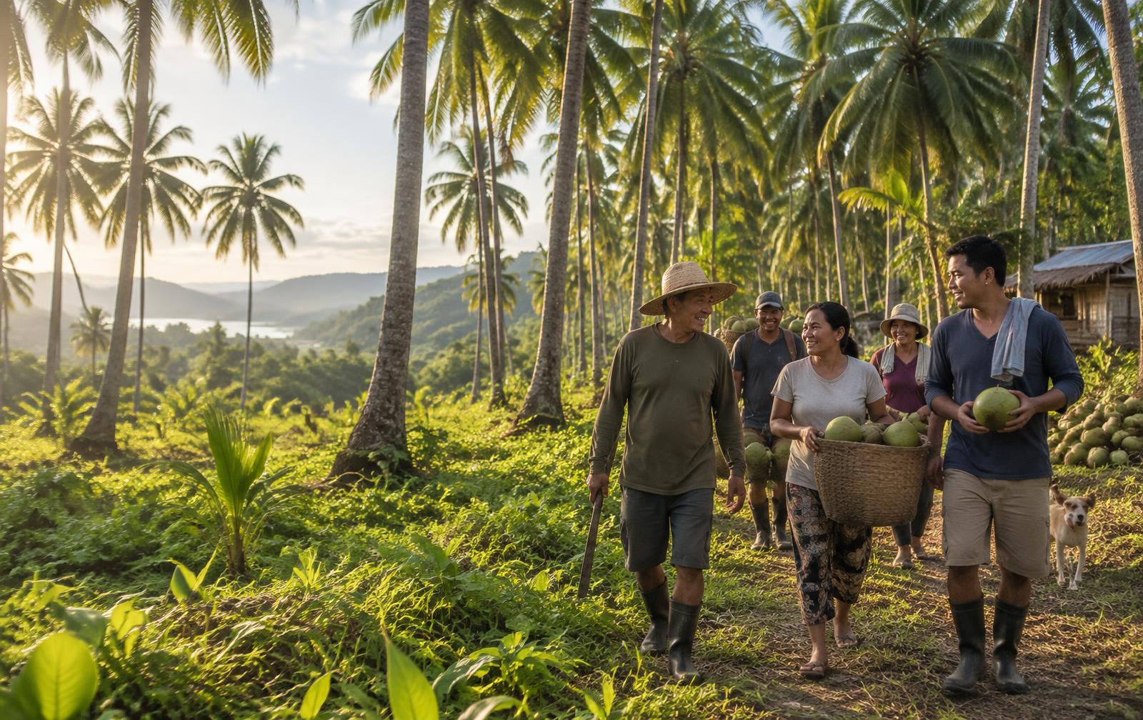 Coconut farmers walking together through a productive grove