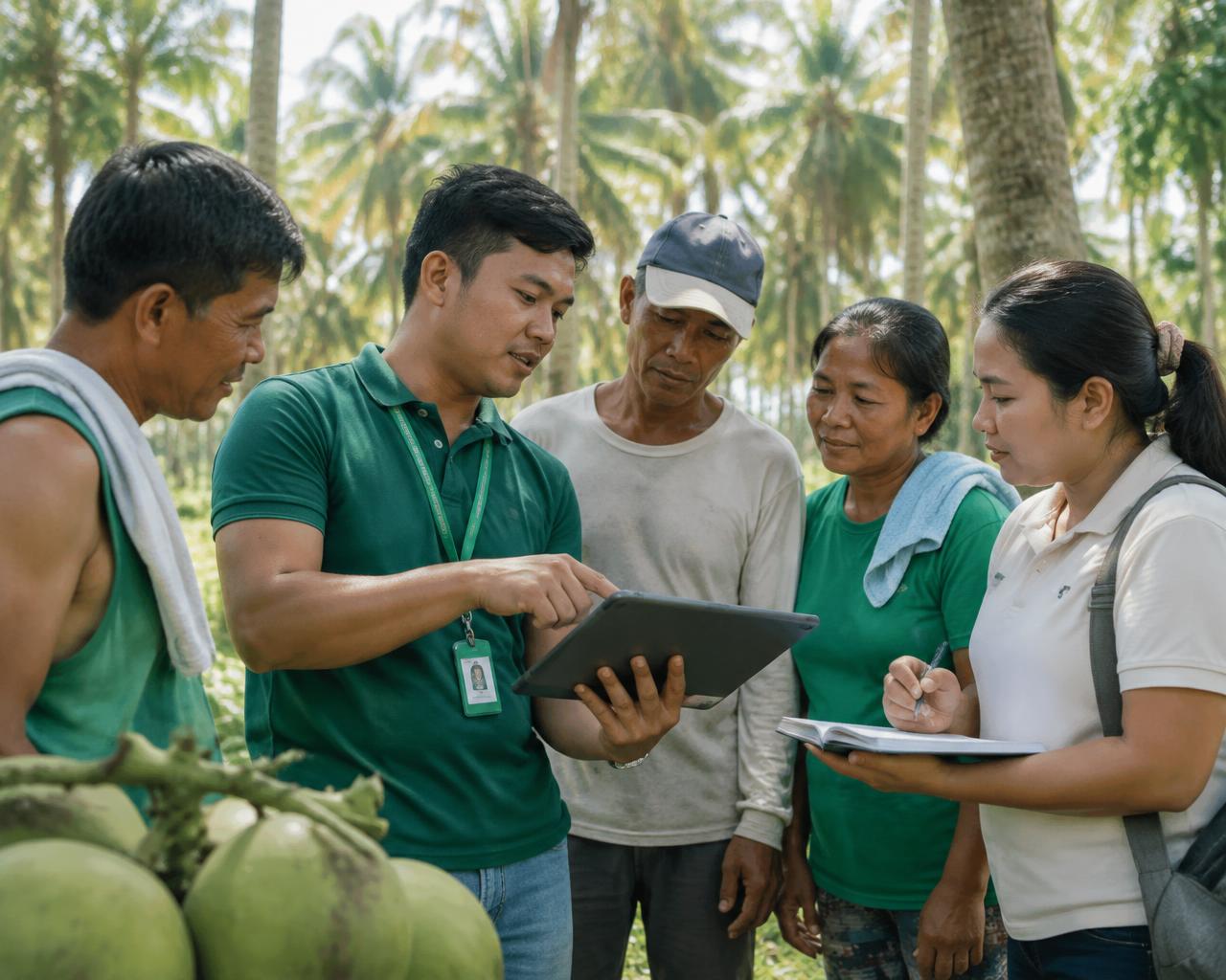 Coconut farmers and community members reviewing plans together on a tablet in a sunlit grove