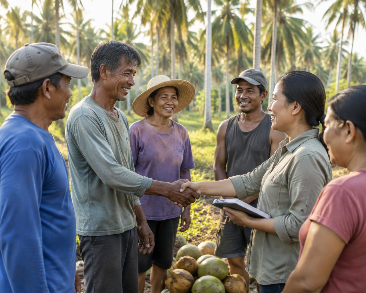 Coconut farmers and community members greeting each other beside a grove